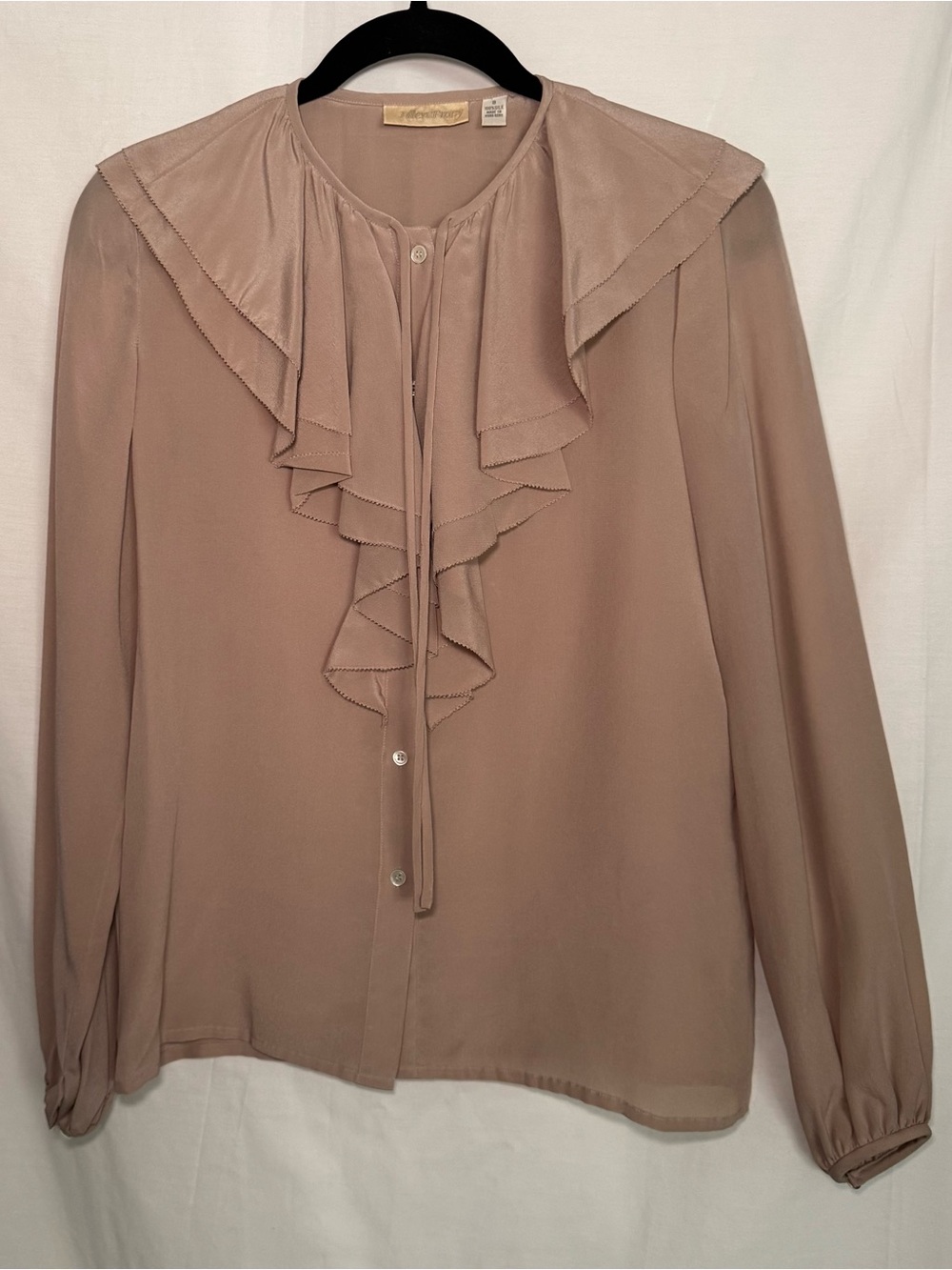 Vintage Ellen Tracy 100% Silk Ruffle Blouse Mauve Pink Beige Size 8 Romantic